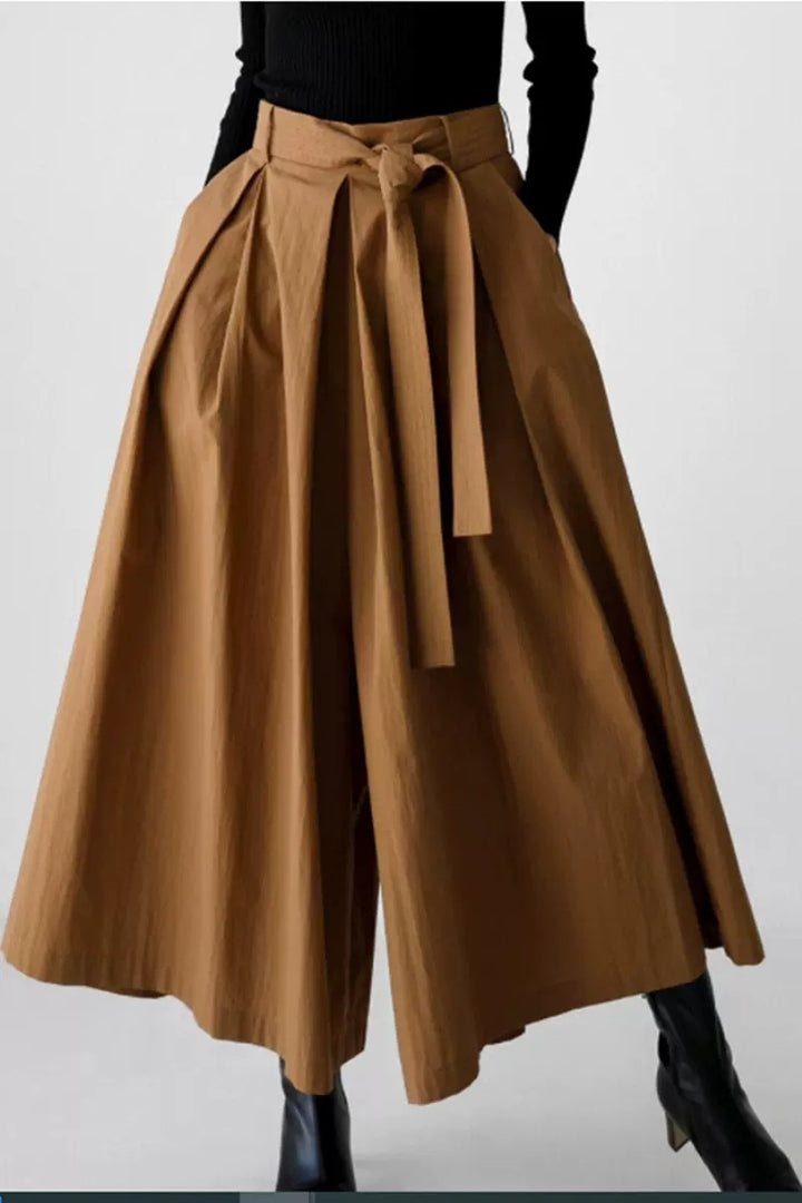 Damen Weite Culotte‑Hosenrock mit Kellerfalten und Bindegürtel – Avélisse