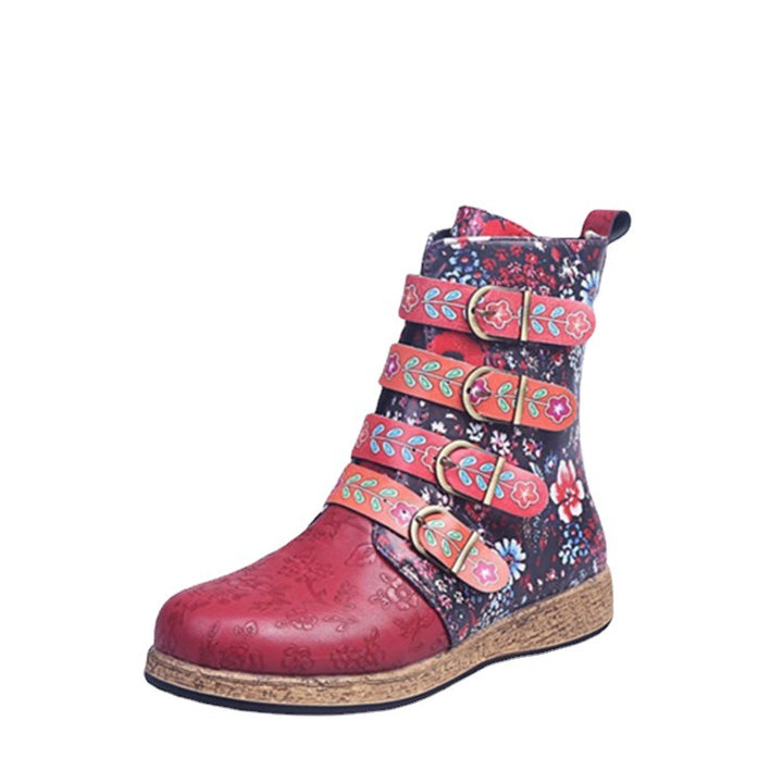 Damen nan verspielte knöchelhohe Stiefelette mit floraler Prägung, vier verstellbaren Zierriemen und Korkoptik-Sohle Echo Archiv