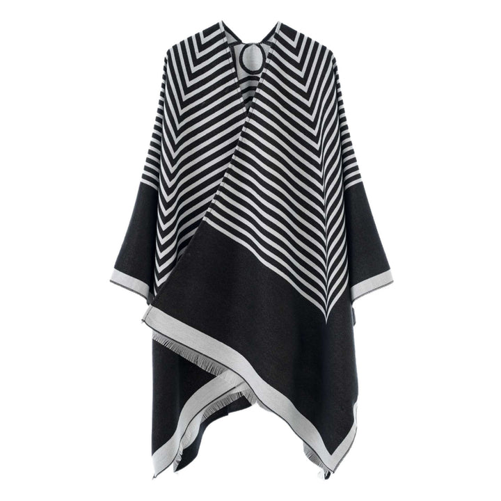 Damen Chevron‑Jacquard Capeponcho mit weitem Fall und Fransen – Avérine