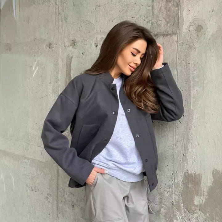 Damen Kurz geschnittene Bomberjacke aus Wollmix mit Druckknopfverschluss und elastischem Saum Echoarchiv