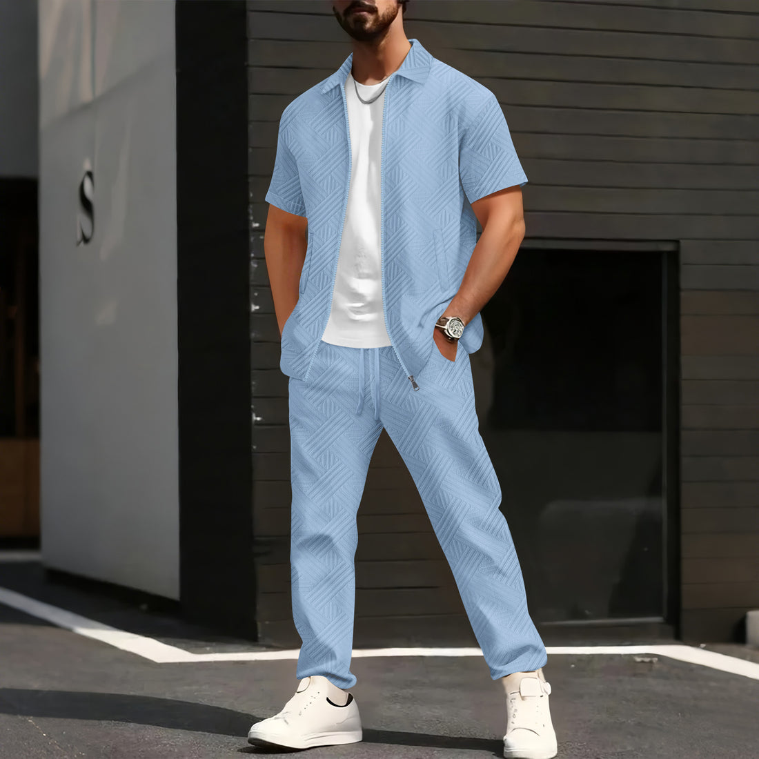 Herren elegantes kurzärmliges Hemd mit passender sportlicher Hose – Marzano