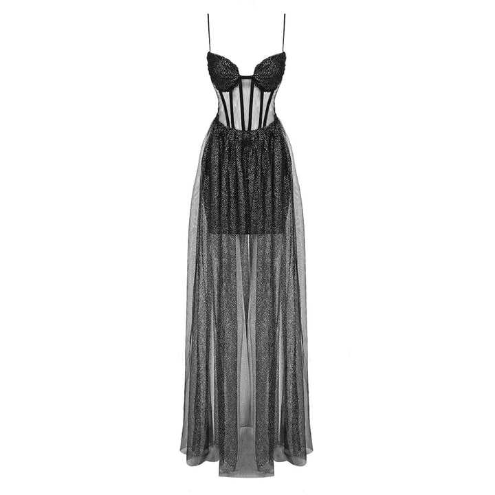 Damen glamouröses Abendkleid mit transparentem Rock und eleganten Details Echo Archiv