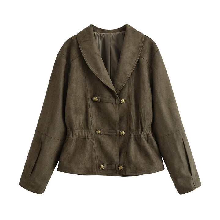 Damen Cropped Wildlederoptik-Jacke mit Schalkragen, Taillenraffung und dekorativen Knebelknöpfen Echoarchiv