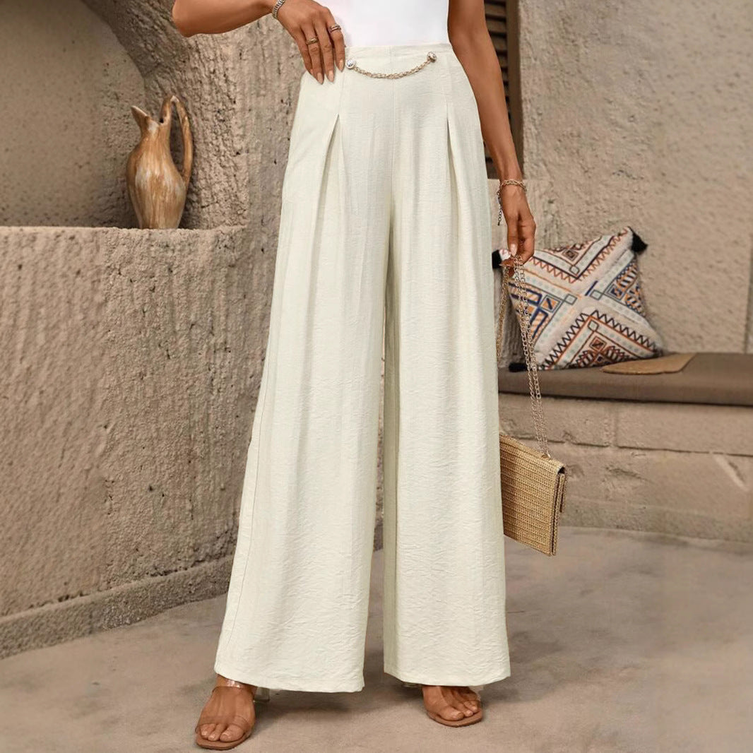 Damen High-Waist Palazzo-Hose mit weitem Bein, Bundfalten und Zierkettendetail – Avérine
