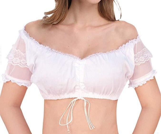 Damen  Dirndlbluse Carmen Ausschnitt mit Spitzenärmeln und Bindeband Echo Archiv