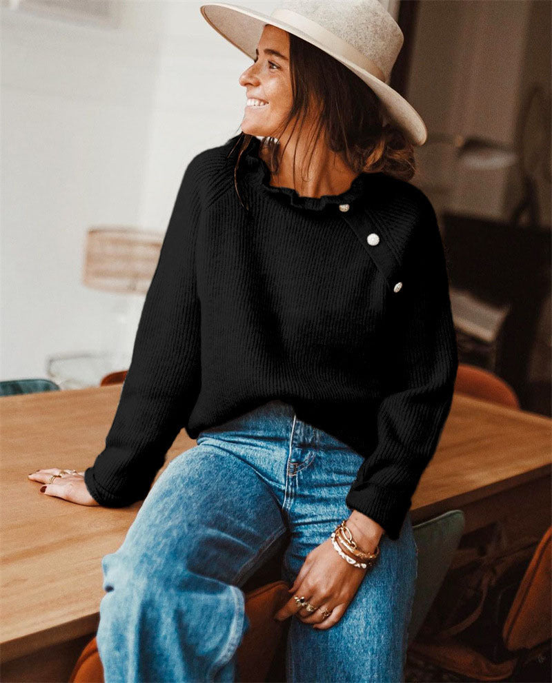 Damen Rippstrickpullover mit Rüschenkragen und seitlicher Knopfleiste – Mavelle
