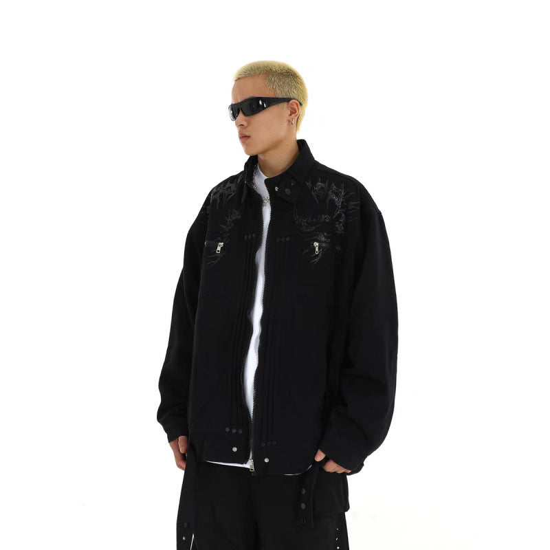 Herren Oversized Utility-Jacke mit Stickerei, Stehkragen, Reißverschluss und langen Gurtbändern Echoarchiv