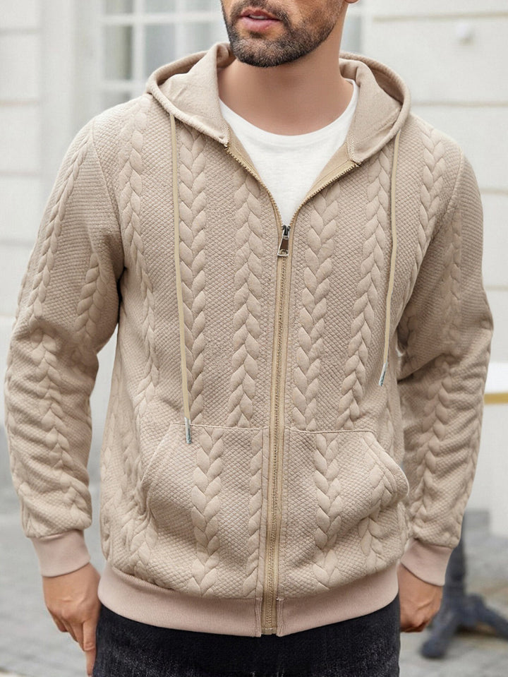 Herren strukturierte Kapuzen-Sweatjacke mit Zopfmuster, durchgehendem Reißverschluss und Kängurutasche – Cavarno