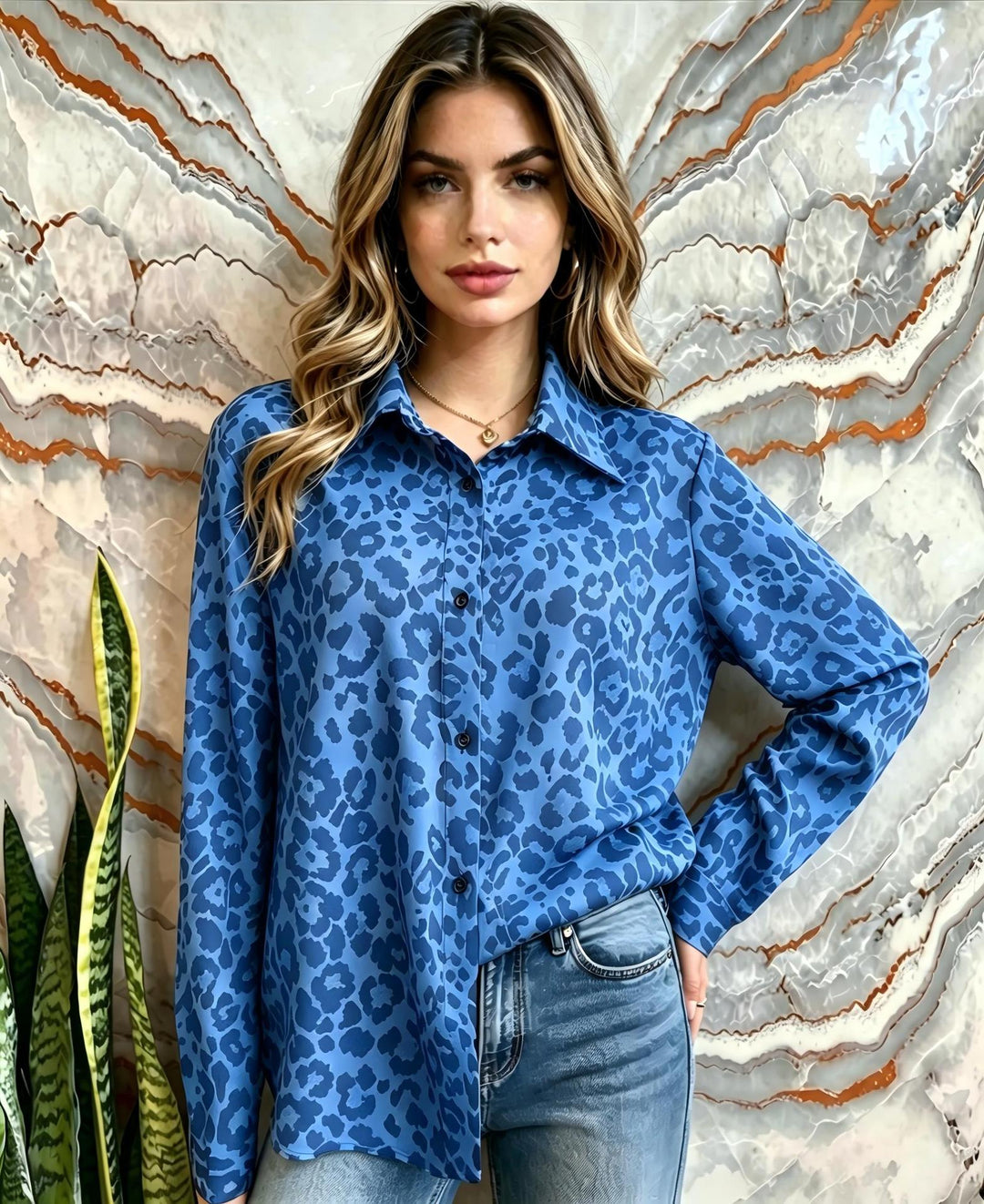 Damen Satin-Leopardenmuster Button-Up Bluse Echoarchiv