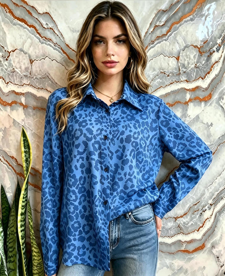 Damen Satin-Leopardenmuster Button-Up Bluse Echoarchiv