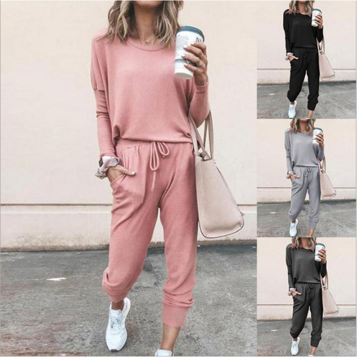 Damen Lässiges Lounge-Set mit Rundhalsausschnitt, Kordelzug-Hose und Bündchen – Élanora