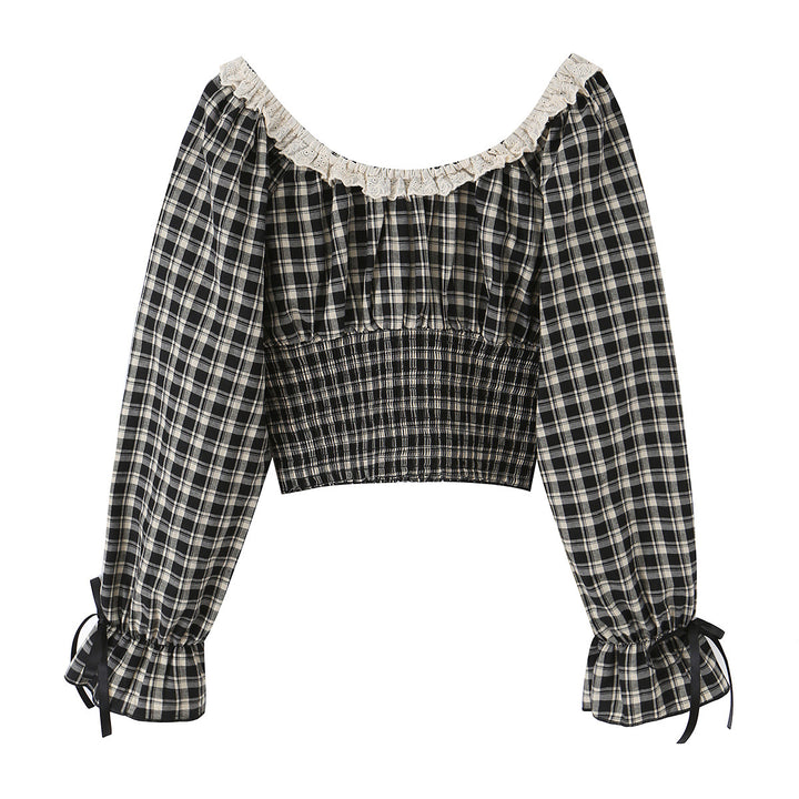 Damen Karierte Carmen-Bluse mit Rüschenkragen, Bindebändern und geraffter Cropped-Silhouette Echoarchiv