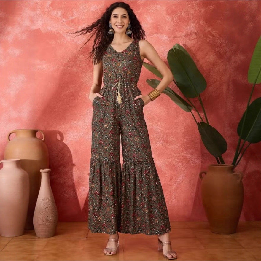 Damen Vintage-inspirierter Jumpsuit mit weitem Bein und Taillierung Echo Archiv