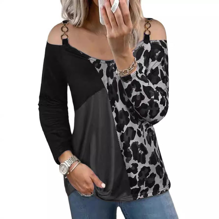 Frauen Off-Shoulder Patchwork Langarm mit Leopardenmuster und Ringdetail-TrägerEchoarchiv