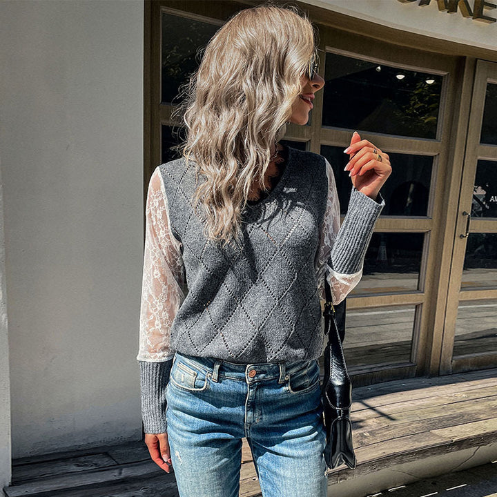 Damen Strickpullunder mit Argyle‑Struktur und transparenten Spitzenärmeln Echoarchiv