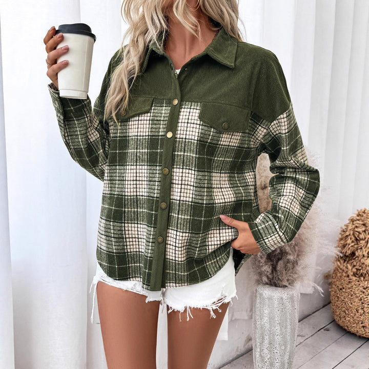 Damen Oversize-Hemdjacke im Karo mit Cordkragen und aufgesetzten Brusttaschen – Avérine