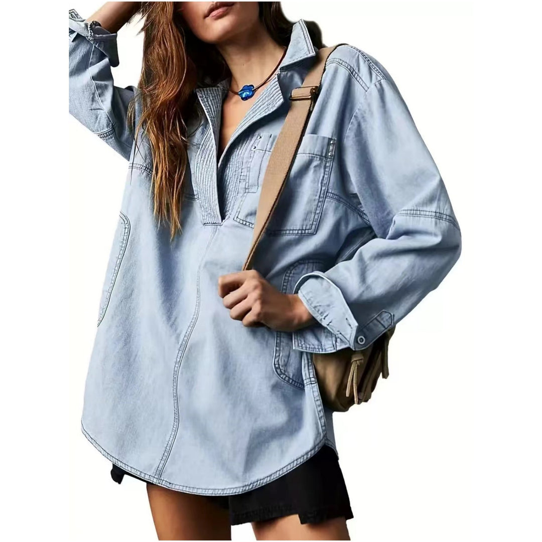 Damen Oversize-Denim-Tunika mit Henley-Ausschnitt und Kängurutasche Echo Archiv