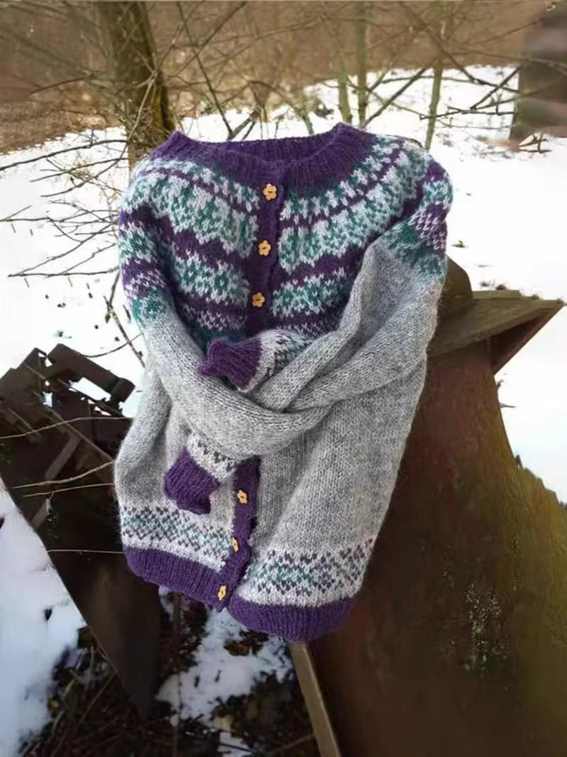 Damen nan gemusterte Strickjacke mit Rundpasse, Holzknöpfen und Eingrifftaschen Echo Archiv