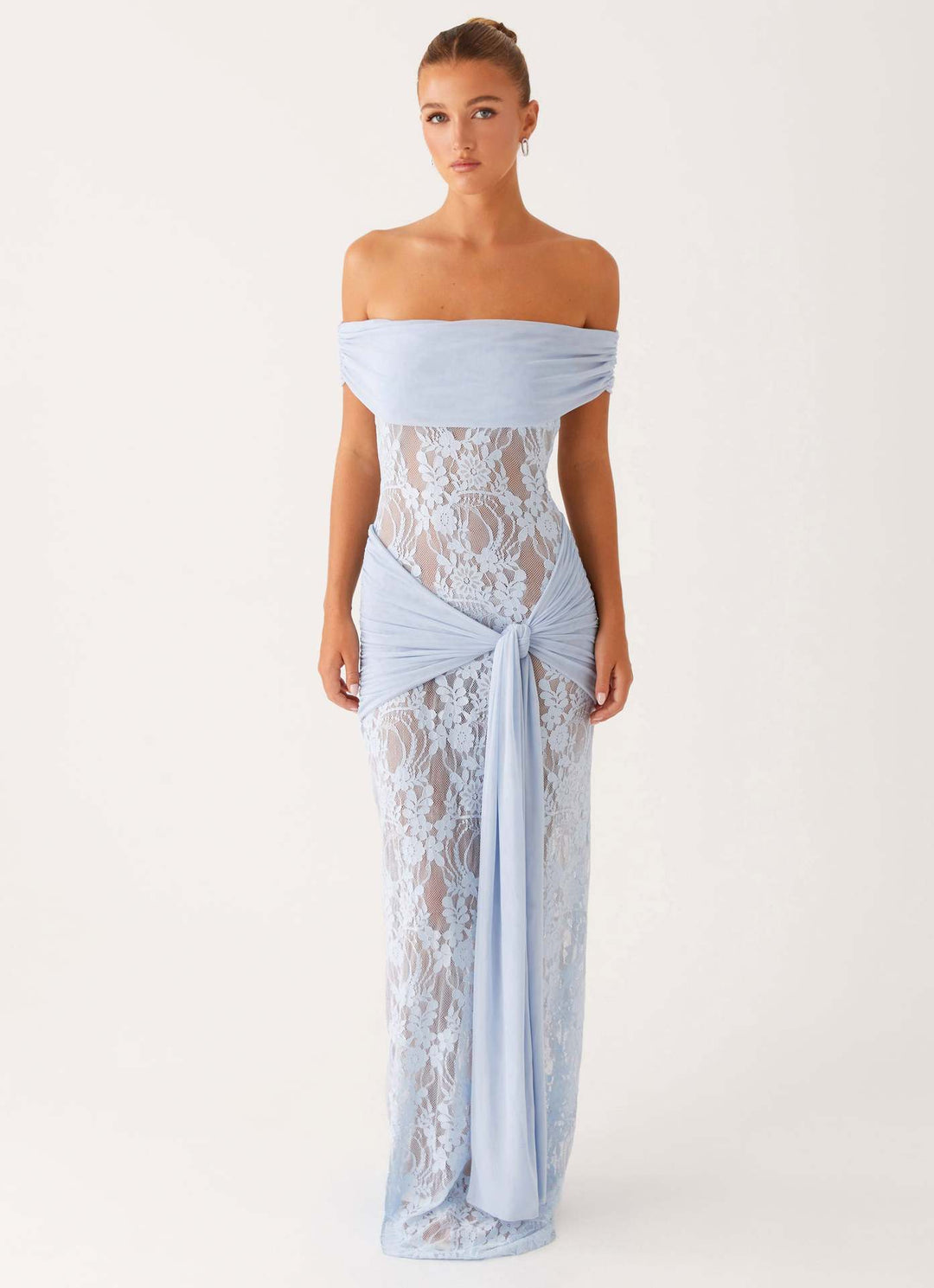 Damen Elegant drapiertes Spitzenkleid mit off-shoulder Design Echo Archiv