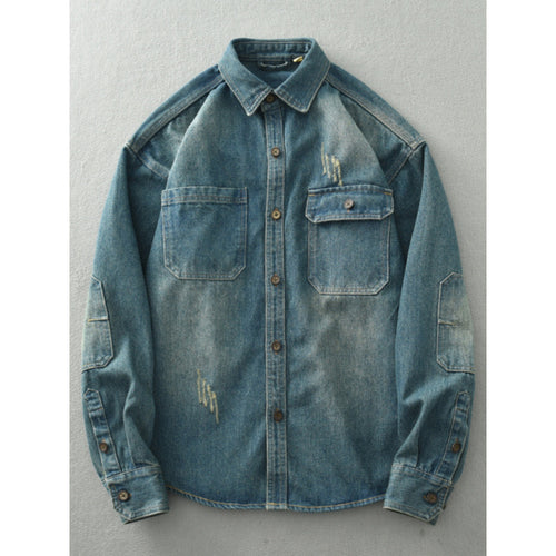 Herren Denim-Hemdjacke im Used-Look mit aufgesetzten Brusttaschen und Knopfleiste Echoarchiv