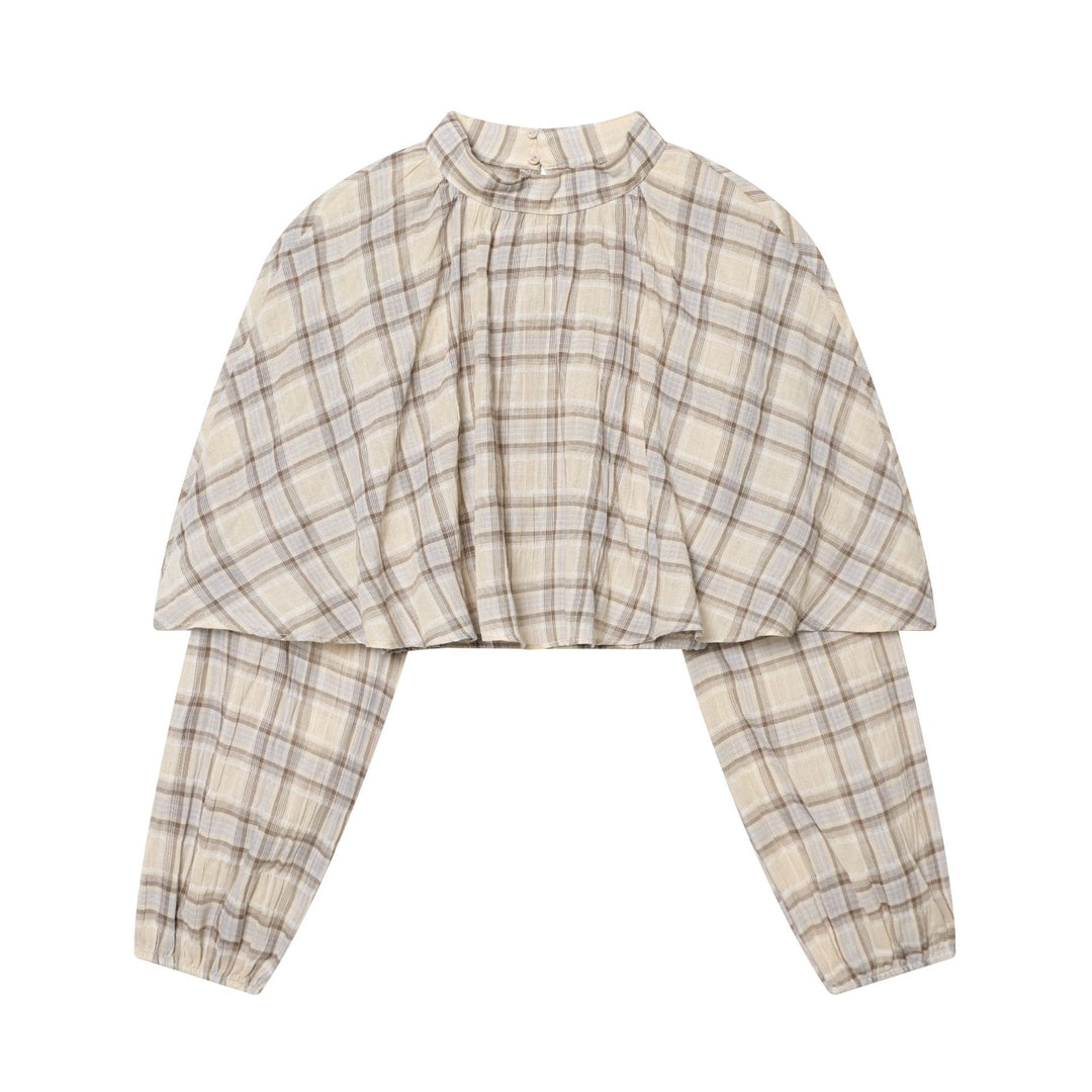 Damen Karierte Bluse mit Stehkragen, gerafftem Yoke und voluminösen Raglanärmeln Echoarchiv