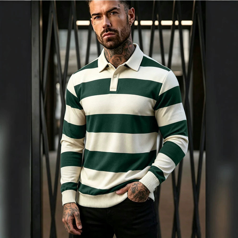 Herren gestreifter Rugby-Polo-Pullover mit Knopfleiste und Rippbündchen Echoarchiv
