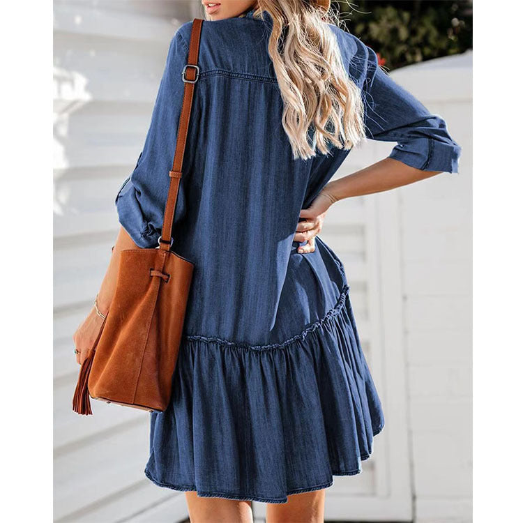 Damen nan locker fallendes Jeans-Hemdkleid mit Volantstufe und aufgesetzten Taschen Echo Archiv
