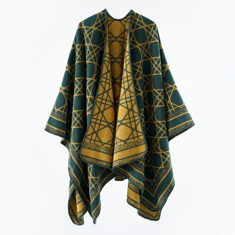 Damen Wendbarer Jacquard-Capeponcho mit geometrischem Allovermuster und offenem Kimono-Fall – Célinea