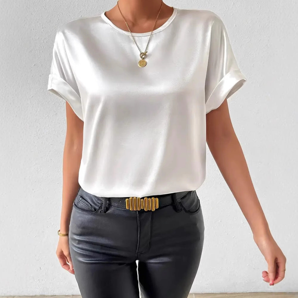 Damen nan leichtes Satin-Blusenshirt mit Rundhalsausschnitt und Umschlagärmeln Echo Archiv