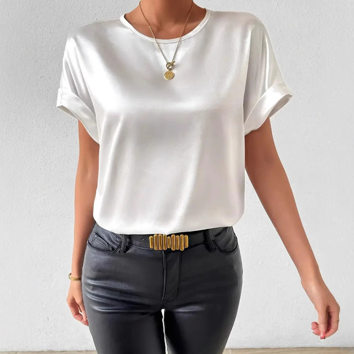 Damen nan leichtes Satin-Blusenshirt mit Rundhalsausschnitt und Umschlagärmeln Echo Archiv