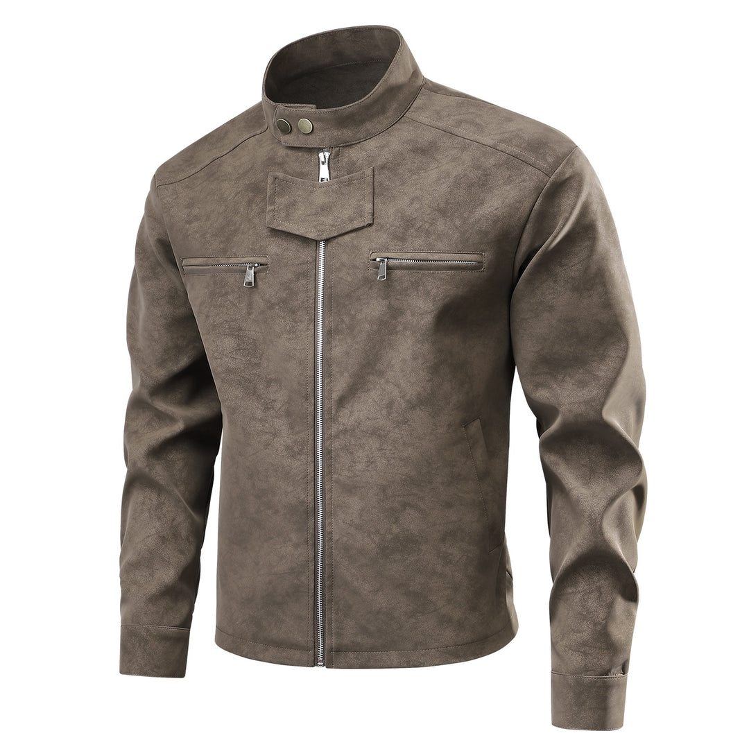 Herren Velourslederoptik-Bikerjacke mit Stehkragen, Brustreißverschlusstaschen & verdeckter Druckknopfblende Echoarchiv