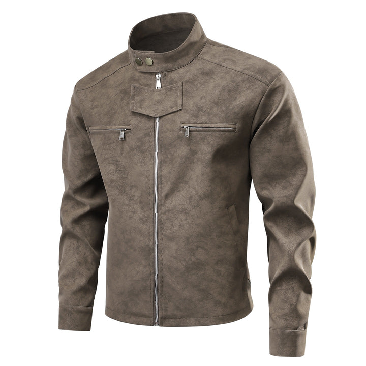 Herren Velourslederoptik-Bikerjacke mit Stehkragen, Brustreißverschlusstaschen & verdeckter Druckknopfblende Echoarchiv