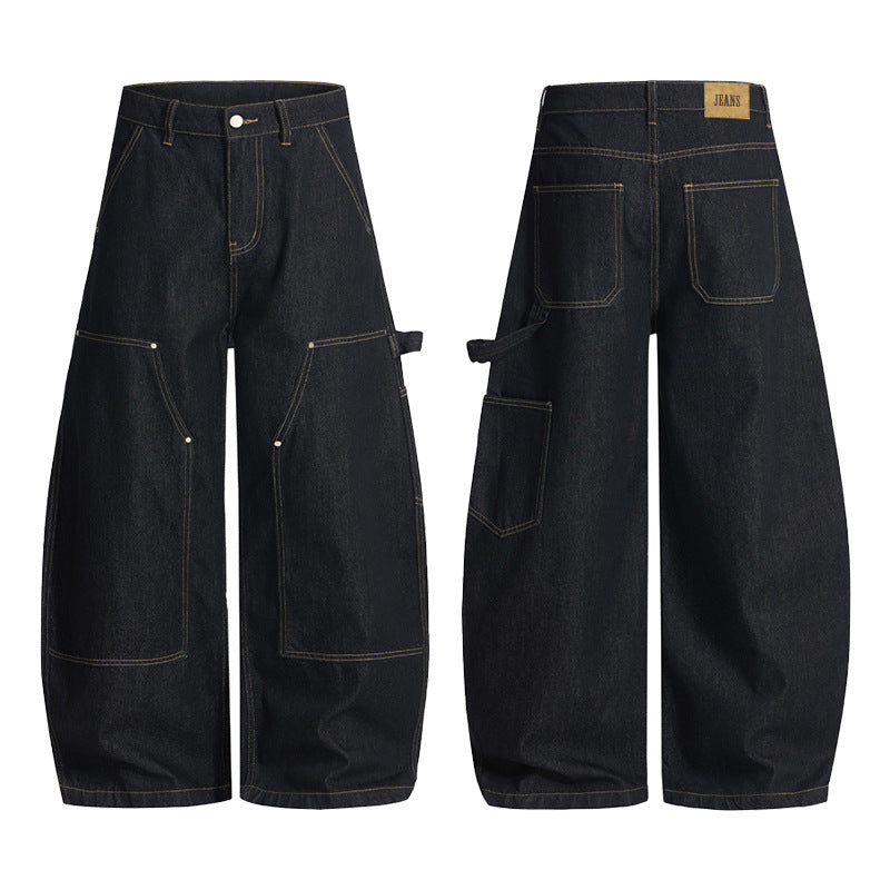 Damen Extraweite Denim-Palazzohose im Cargostil mit tiefem Schritt, Kontrastnähten und Utility‑Details Echo Archiv