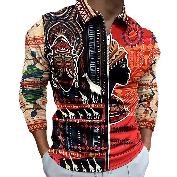 Herren Zip-Up Shirt mit kunstvollem Ethno-Design und elastischen Ärmelabschlüssen Echoarchiv