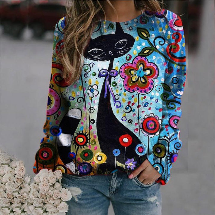 Damen Oversized-Sweatshirt mit künstlerischem Katzen-Print und floraler Musterung – Avérine