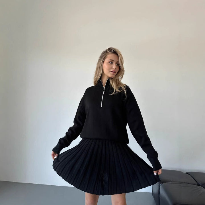 Damen gemütliches Strick-Set mit Reißverschluss-Pullover und plissiertem Rock – Élanora