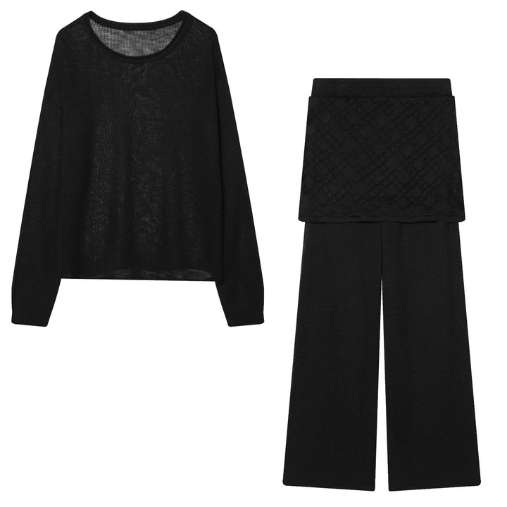 Damen Strick-Lounge-Set mit weitem Rundhals-Pullover und Highwaist-Schlaghose mit Spitzen-Detail Echo Archiv