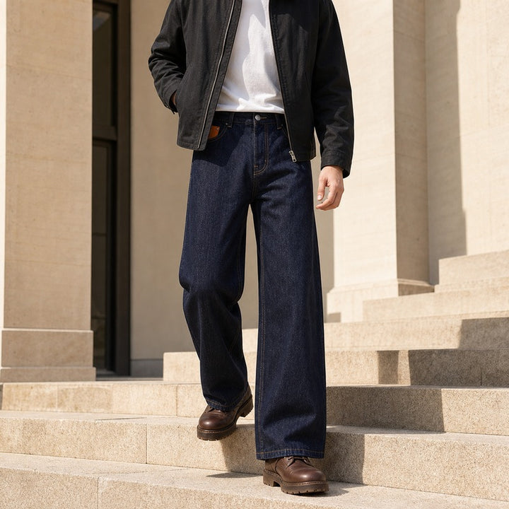 Damen Weite High-Waist Denimhose mit weitem Bein und Leder-Münztaschen-Detail Echo Archiv