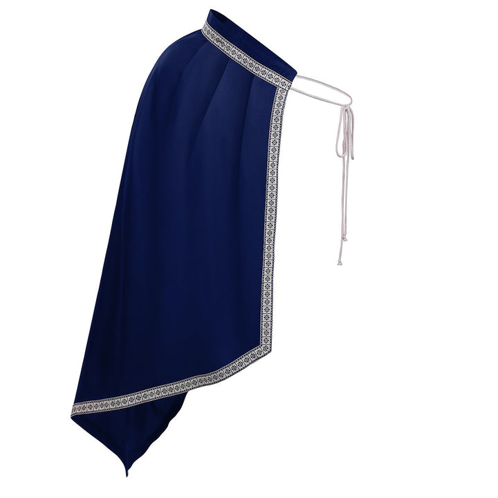 Unisex Schulterplattencape mit geschnürtem Kragen, Kunstfellbesatz, verstellbaren Lederriemen und asymmetrischer Schleppe – Taviero