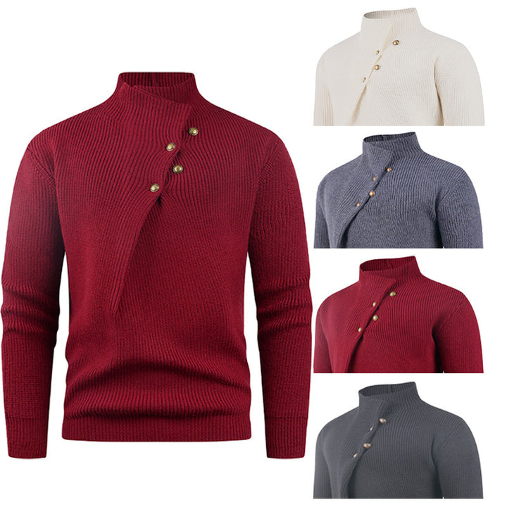 Herren Strickpullover mit asymmetrischem Kragen und dekorativen Holzknöpfen Echoarchiv