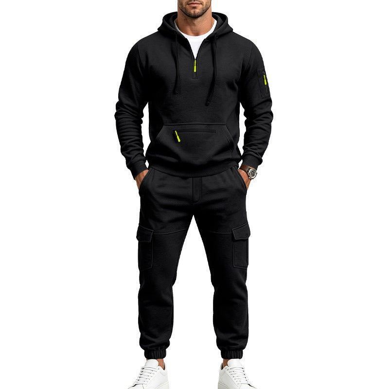 Herren Zweiteiliges Fleece-Loungewear-Set mit Halbzip-Kapuze und Cargo-Jogger – Cavarno