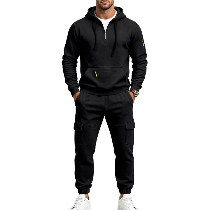 Herren Zweiteiliges Fleece-Loungewear-Set mit Halbzip-Kapuze und Cargo-Jogger – Cavarno