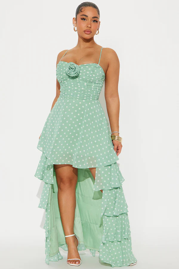 Damen Verspieltes Polka-Dots Maxikleid mit asymmetrischem Rock und floralen Akzenten Echo Archiv