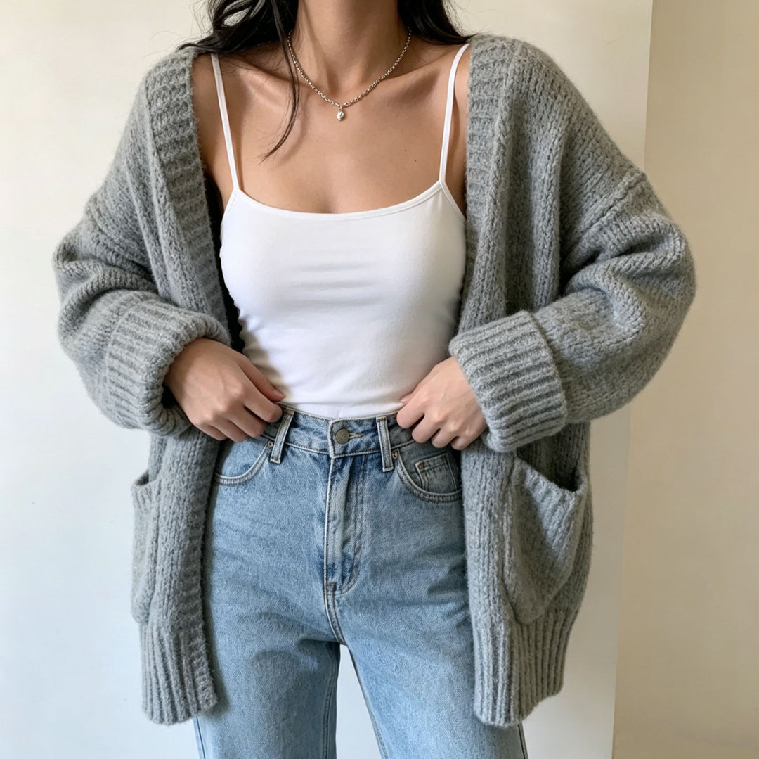 Damen Langer Offener Grobstrick-Cardigan mit aufgesetzten Taschen und gerippten Bündchen – Veloura