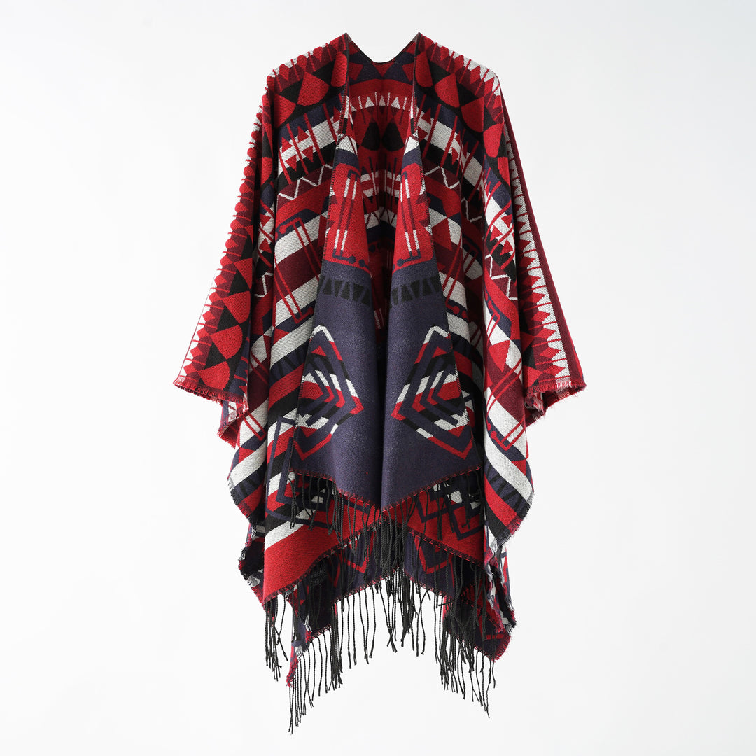 Damen Gewebter Fransenponcho mit Ethno-Jacquard und Oversize-Fall Echo Archiv