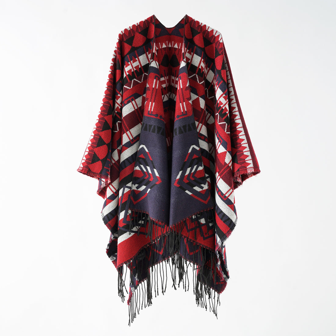 Damen Gewebter Fransenponcho mit Ethno-Jacquard und Oversize-Fall – Célinea