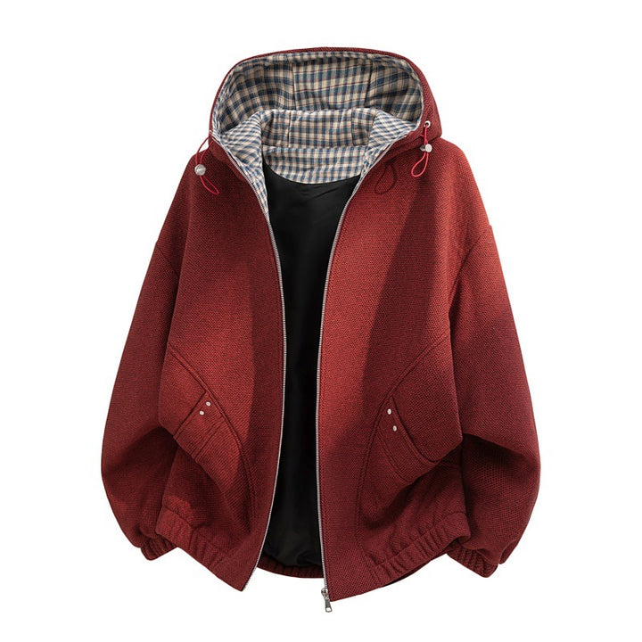 Damen Oversized Fleecejacke mit Kapuze und karierter Innenverkleidung – Célinea