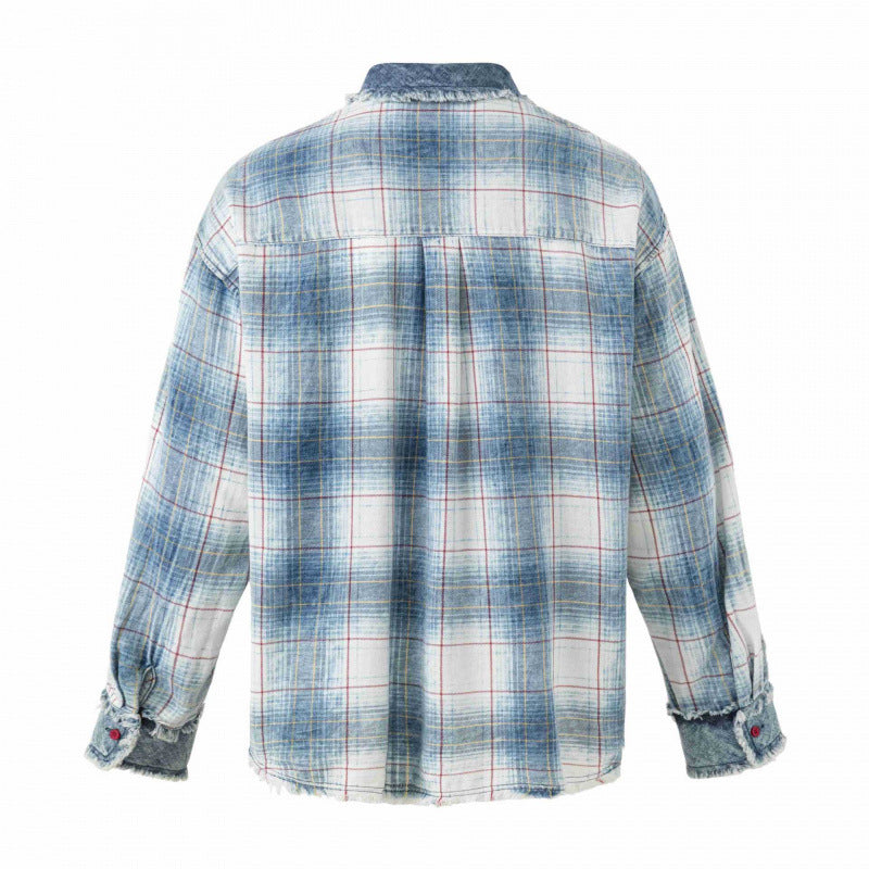 Unisex Kariertes Overshirt im Used-Look mit Fransen, Jeanskragen und aufgesetzter Brusttasche Echo Archiv