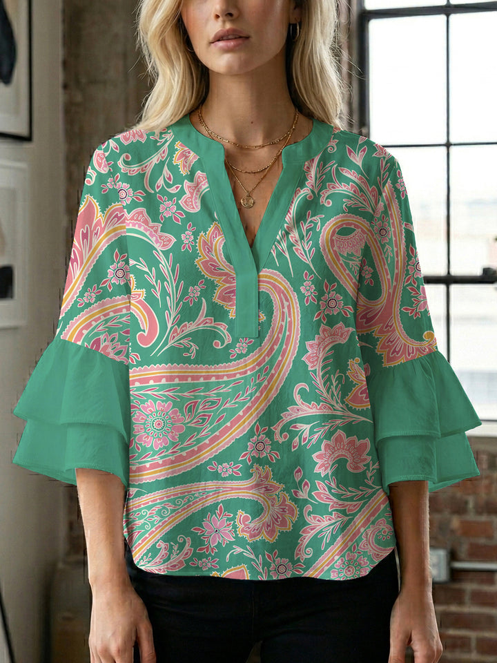 Damen elegantes Oberteil mit voluminösen Rüschensäumen und floralem Design Echo Archiv