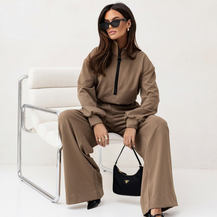 Damen relaxed-fit Zip-Pullover mit elastischem Taillenbund und extraweiter Palazzo-Hose Zweiteiler – Élanora